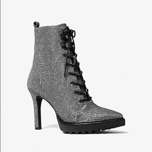 Michael Kors Kyle Glitter Chain Mesh Lace-Up Boot with platform, treads, zipper.